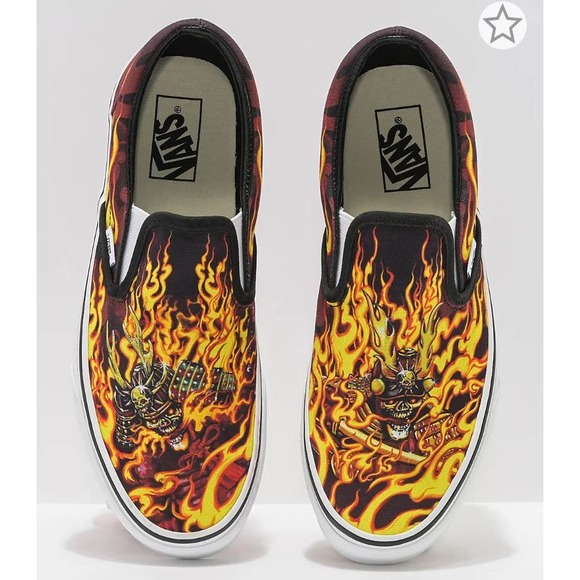 New Vans Classic Slip-On Samurai Rising Flames Skull Metal Skate Shoes Sz.8 Mens
